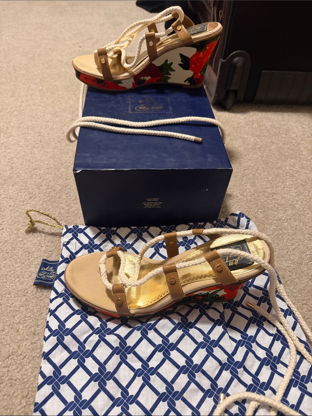 Sperry Tan Rope Lace Floral Wedge Sandals